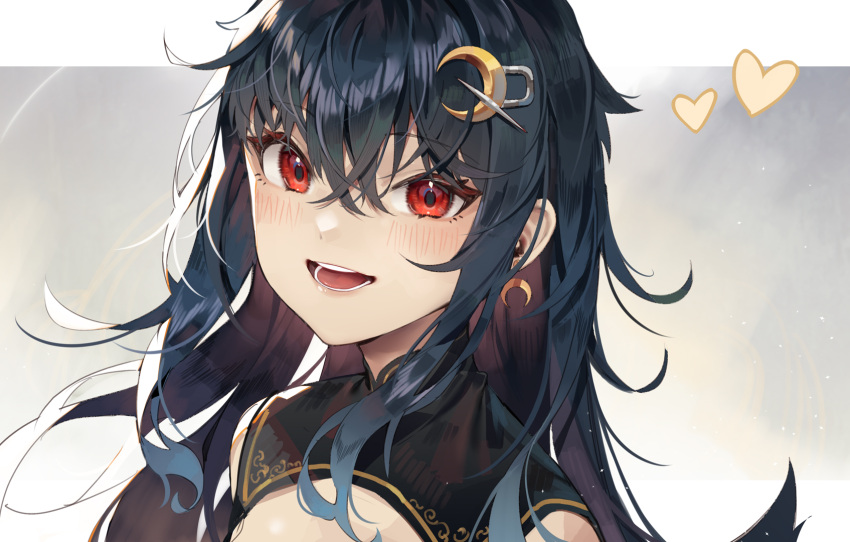 1girl :d bangs black_hair blush earrings eyebrows_visible_through_hair hair_between_eyes hair_ornament highres jewelry ji_dao_ji long_hair looking_at_viewer open_mouth original red_eyes smile solo teeth tongue