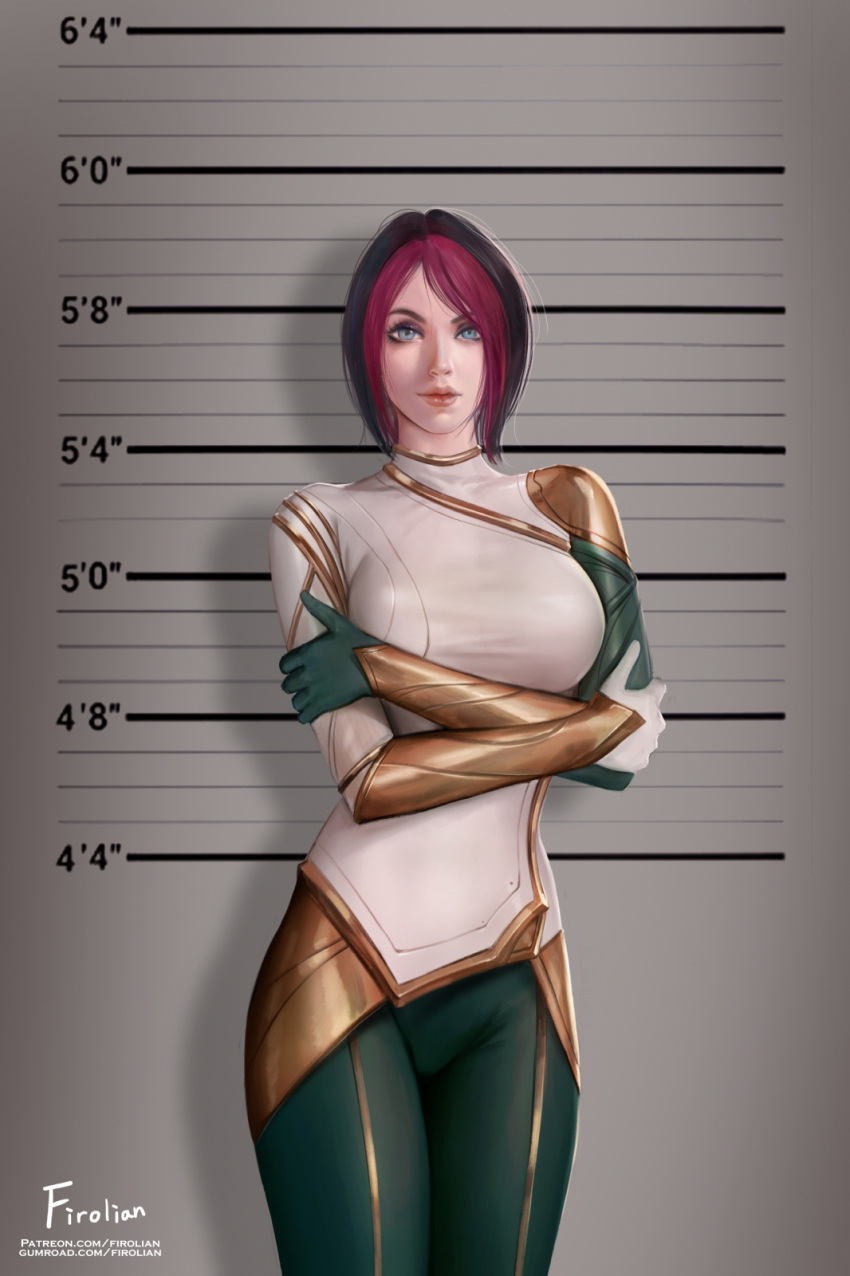 1girl black_hair blue_eyes breasts crossed_arms fiora_laurent firolian gloves height_chart highres large_breasts league_of_legends lips looking_at_viewer mugshot multicolored_hair pants red_hair short_hair solo standing