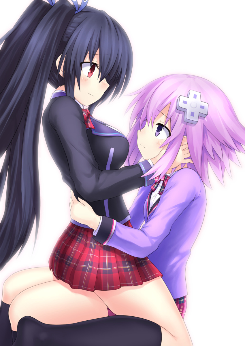 2girls black_hair blazer blush bow breasts commentary couple d-pad d-pad_hair_ornament eye_contact hair_ornament hand_on_another's_face highres hug jacket large_breasts long_hair looking_at_another multiple_girls neptune_(neptune_series) neptune_(series) no_shoes noire purple_eyes purple_hair red_eyes school_uniform short_hair simple_background sitting sitting_on_lap sitting_on_person skirt smile socks taked thighs twintails very_long_hair white_background yuri