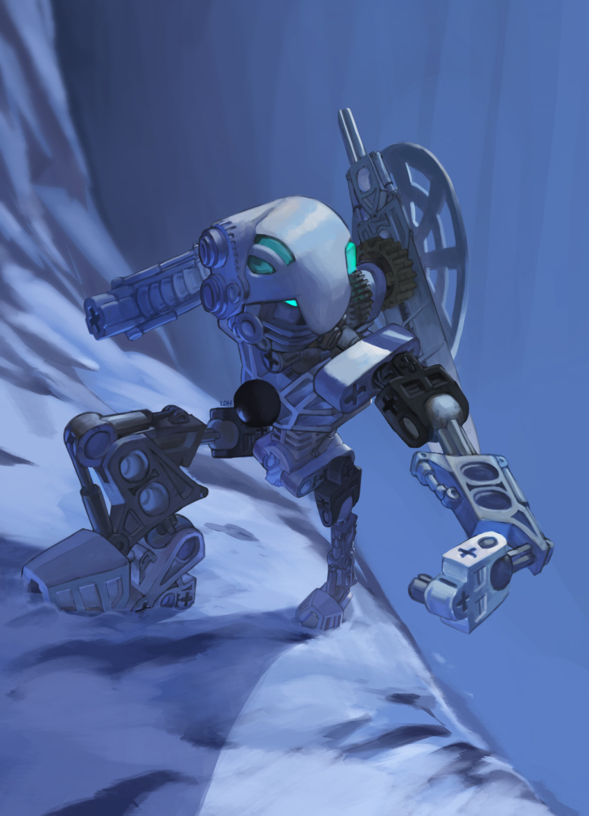 absurd_res ambiguous_gender armor bionicle blue_eyes climbing detailed_background digital_drawing_(artwork) digital_media_(artwork) donghyun_lim fingerless hi_res humanoid kopaka lego machine mask melee_weapon mountain mountian_climbing mouthless not_furry outside robot shield simple_background snow solo standing sword toa weapon weapon_on_back white_body