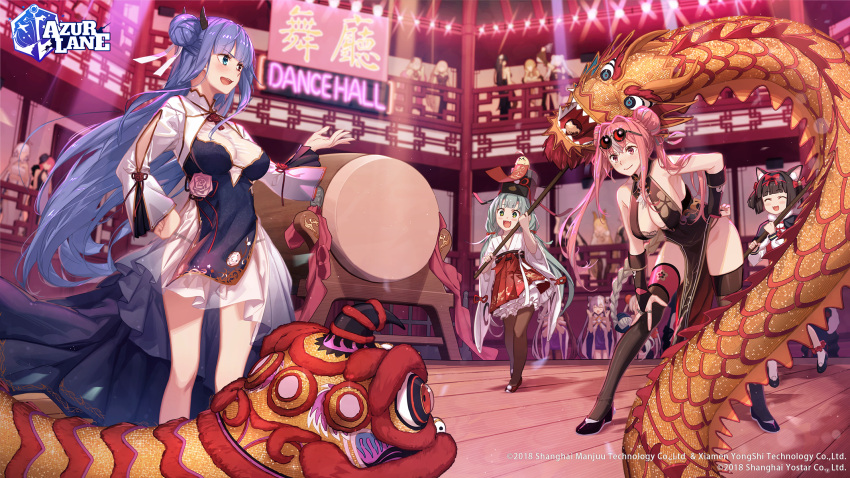 6+girls architecture azur_lane bangs bare_shoulders black_hair black_legwear blue_eyes blue_hair breasts bremerton_(azur_lane) bremerton_(kung_fu_cruiser)_(azur_lane) china_dress chinese_clothes chinese_new_year cleavage closed_eyes dragon_dance dress drum east_asian_architecture glowworm_(azur_lane) glowworm_(jokey_adjudicator)_(azur_lane) green_hair heterochromia highres ibuki_(arrival_of_spring)_(azur_lane) ibuki_(azur_lane) instrument lion_dance multiple_girls mutsuki_(azur_lane) mutsuki_(spring_festival_sweets)_(azur_lane) pelvic_curtain red_eyes thighhighs yachimoto