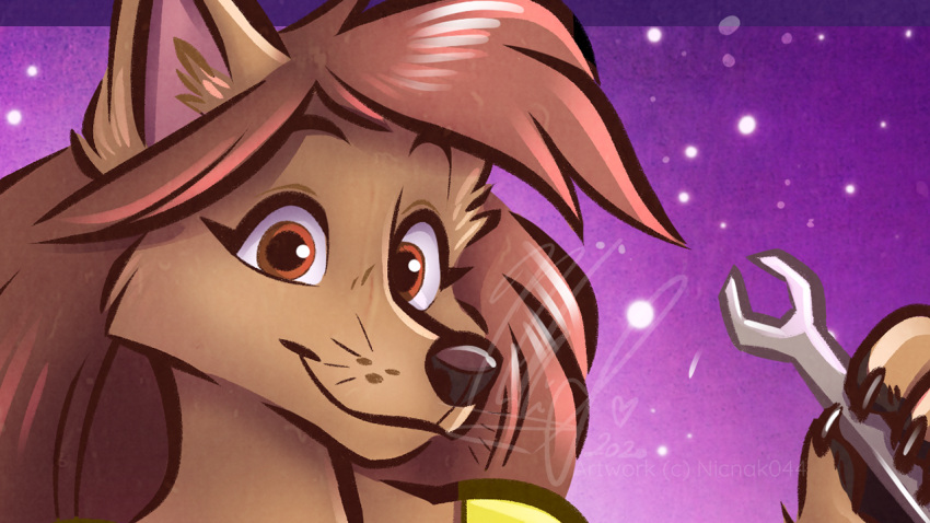 &lt;3 2020 anthro bowman's_wolf brown_body brown_eyes brown_fur brown_hair canid canine canis cheek_tuft cropped facial_tuft female florence_ambrose freefall fur hair holding_object holding_tool inner_ear_fluff looking_at_viewer mammal nicnak044 preview simple_background smile solo tools tuft webcomic wolf wrench