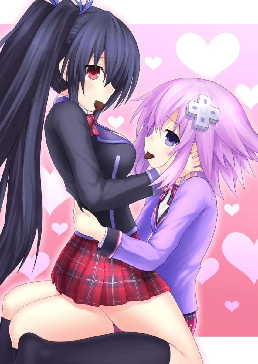 2girls black_hair blazer blush bow breasts candy chocolate chocolate_heart commentary d-pad d-pad_hair_ornament food hair_ornament hand_on_another's_face heart heart_background highres hug jacket large_breasts long_hair looking_at_viewer looking_to_the_side mouth_hold multiple_girls neptune_(neptune_series) neptune_(series) no_shoes noire pink_background purple_eyes purple_hair red_eyes school_uniform short_hair simple_background sitting sitting_on_lap sitting_on_person skirt socks taked thighs twintails very_long_hair yuri