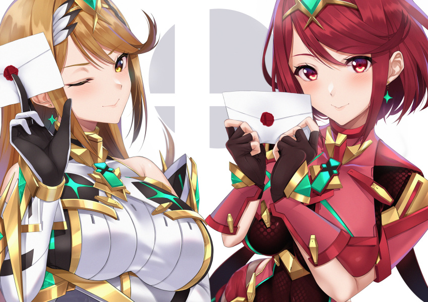 2girls bangs black_gloves blonde_hair breasts chest_jewel dress earrings elbow_gloves fingerless_gloves gloves headpiece highres jewelry large_breasts long_hair multiple_girls mythra_(xenoblade) one_eye_closed pyra_(xenoblade) red_eyes red_hair short_dress short_hair smash_invitation super_smash_bros. swept_bangs tiara very_long_hair white_gloves xenoblade_chronicles_(series) xenoblade_chronicles_2 yellow_eyes yuuki_shin