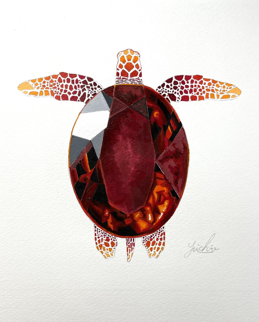 animal_focus artist_name commentary_request crystal erumo_0384 from_above full_body highres no_humans original ruby_(gemstone) shiny signature simple_background traditional_media turtle white_background