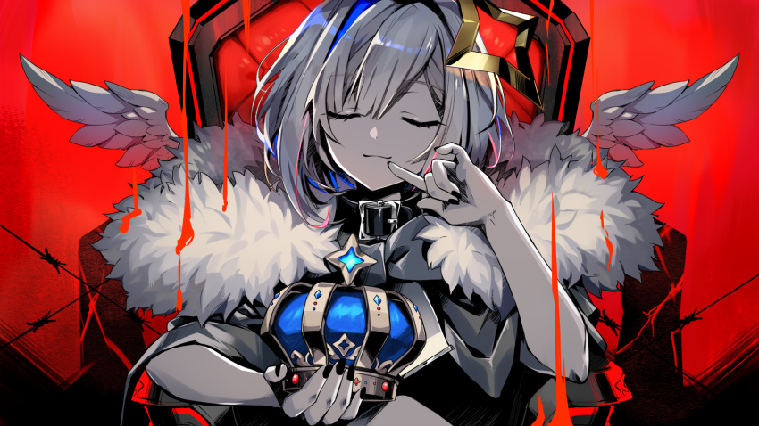 1girl amane_kanata angel_wings bangs banned_artist barbed_wire black_collar black_nails chair closed_eyes coat collar crown crown_removed eyebrows_visible_through_hair facing_viewer fur-trimmed_coat fur_trim halo highres holding holding_crown hololive king_(vocaloid) nail_polish red_background red_eyes red_theme ria smile solo throne virtual_youtuber wings