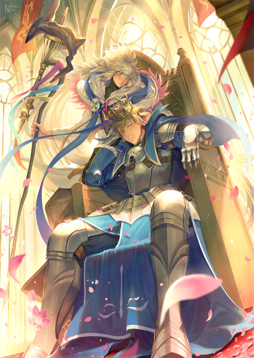 2boys armor arthur_pendragon_(fate) blonde_hair buckle closed_eyes crown fate/grand_order fate/prototype fate_(series) gloves greaves highres holding holding_staff indoors jowell_she male_focus merlin_(fate) multiple_boys petals robe sitting smile staff throne white_hair