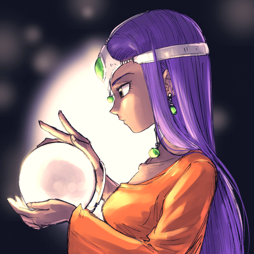 1girl ball brown_eyes chinyan circlet collarbone commentary_request crystal_ball dragon_quest dragon_quest_iv dress earrings highres holding holding_ball jewelry long_hair minea necklace orange_dress purple_hair single_sleeve solo