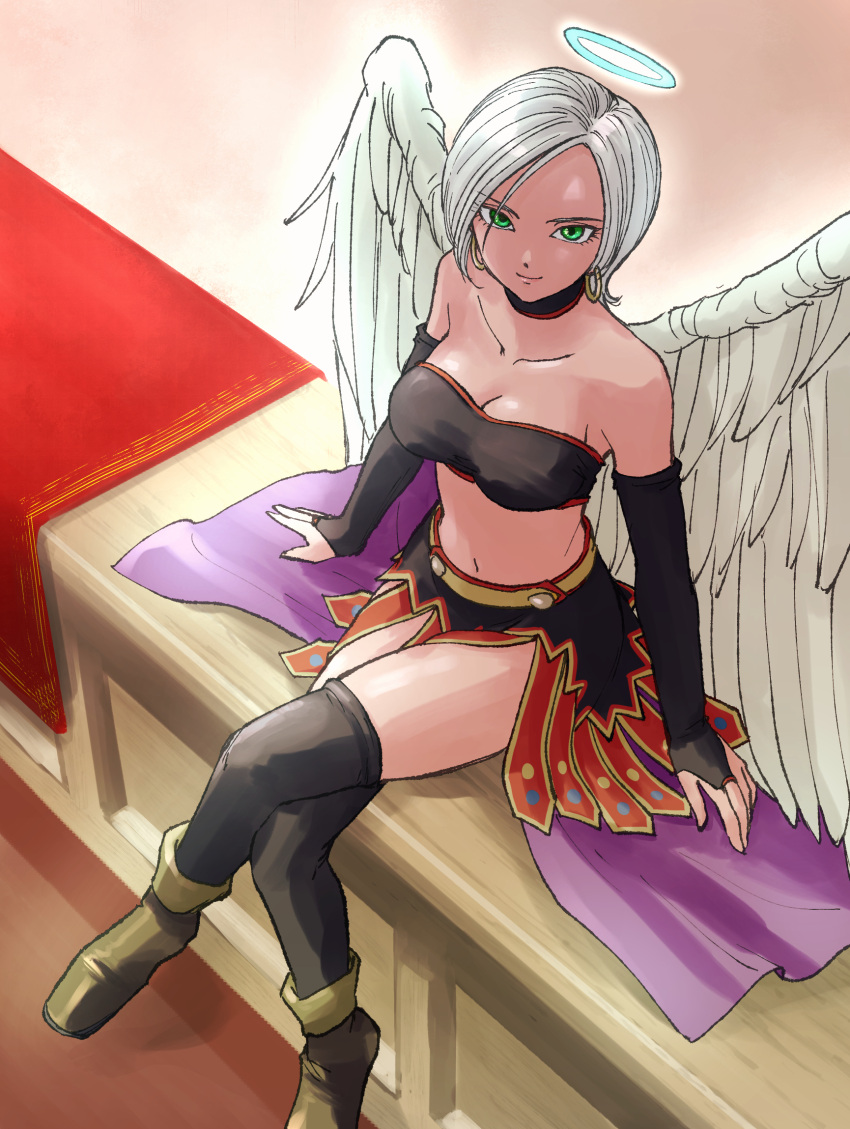 1girl angel angel_wings bare_shoulders black_gloves black_legwear boots breasts bridal_gauntlets chinyan cleavage collarbone commentary_request crop_top crossed_legs dragon_quest dragon_quest_ix earrings elbow_gloves gloves green_eyes grey_hair halo highres hoop_earrings jewelry large_breasts looking_at_viewer looking_up raviel short_hair sitting sitting_on_table solo thighhighs white_wings wings