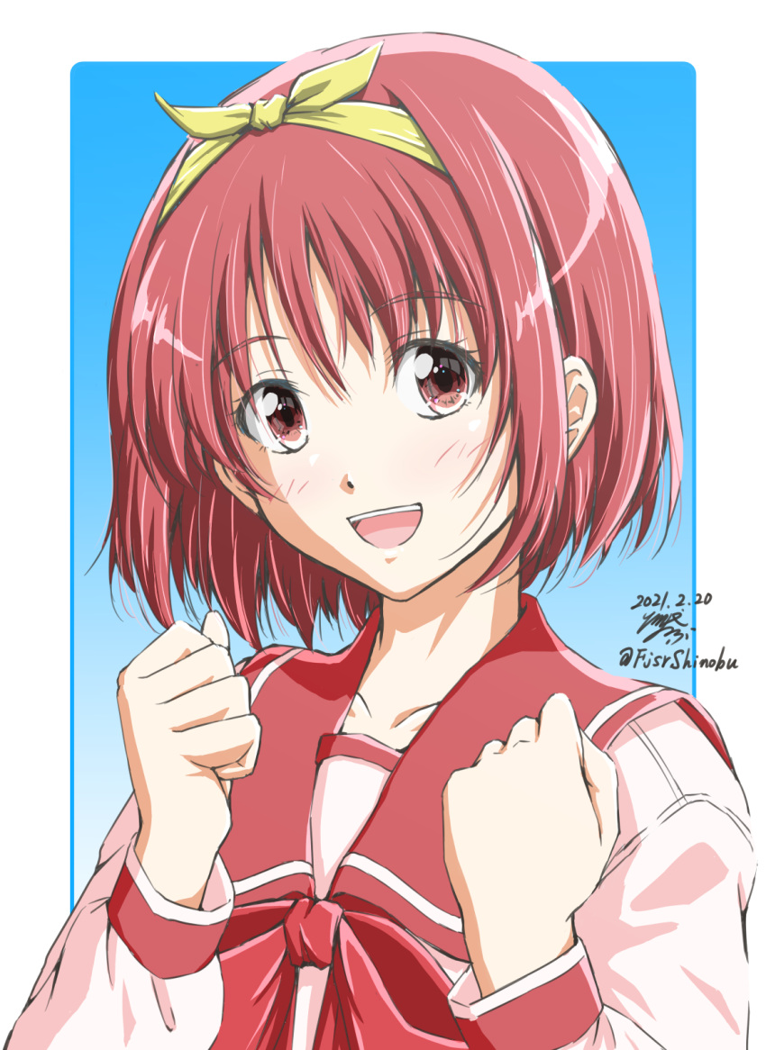 1girl :d arms_up blue_background clenched_hands collarbone commentary_request dated eyebrows_visible_through_hair hair_ribbon head_tilt highres kamigishi_akari light_blush long_sleeves looking_at_viewer neckerchief open_mouth partial_commentary pink_shirt red_eyes red_hair red_neckwear red_sailor_collar ribbon sailor_collar school_uniform serafuku shino-puchihebi shirt short_hair signature sleeve_cuffs smile solo to_heart twitter_username upper_body upper_teeth yellow_ribbon