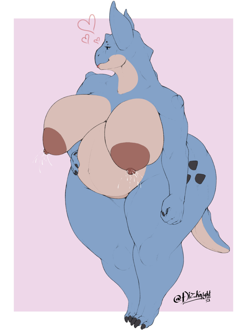 &lt;3 absurd_res anthro anthrofied areola big_areola big_breasts blue_body blue_scales bodily_fluids border breasts brown_nipples claws curvy_figure dizzyknight female half-closed_eyes hand_on_stomach hi_res huge_breasts lactating lipstick looking_aside looking_away makeup narrowed_eyes nidoqueen nintendo nipples nude pink_background pok&eacute;mon pok&eacute;mon_(species) pregnant scales simple_background smile solo thick_thighs video_games voluptuous white_border wide_hips