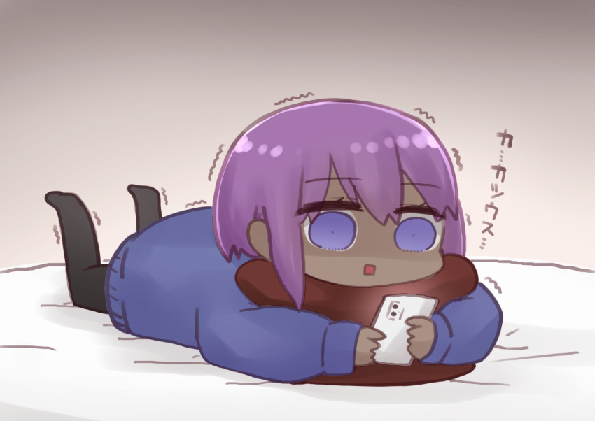 1girl bangs bed_sheet black_legwear blue_sweater cellphone chibi dark_skin dark_skinned_female eyebrows_visible_through_hair fate/prototype fate/prototype:_fragments_of_blue_and_silver fate_(series) hair_between_eyes hassan_of_serenity_(fate) highres holding holding_phone i.u.y legs_up long_sleeves lying no_shoes on_stomach pantyhose phone pillow pillow_hug puffy_long_sleeves puffy_sleeves purple_eyes purple_hair shaded_face sleeves_past_wrists solo square_mouth sweater trembling