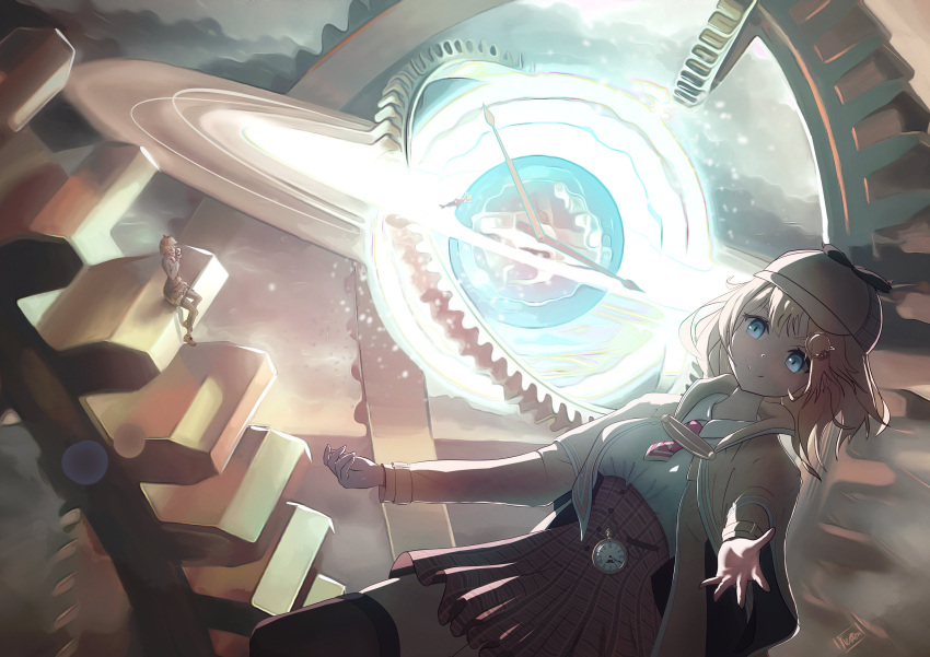 1girl absurdres blonde_hair blue_eyes brown_legwear brown_sky clockwork cloud cloudy_sky energy fullheartart gears glowing hat high-waist_skirt highres hololive hololive_english lens_flare long_hair looking_to_the_side multiple_views outstretched_arms pocket_watch signature sitting skirt sky smile spread_arms thighhighs time_machine watch watson_amelia