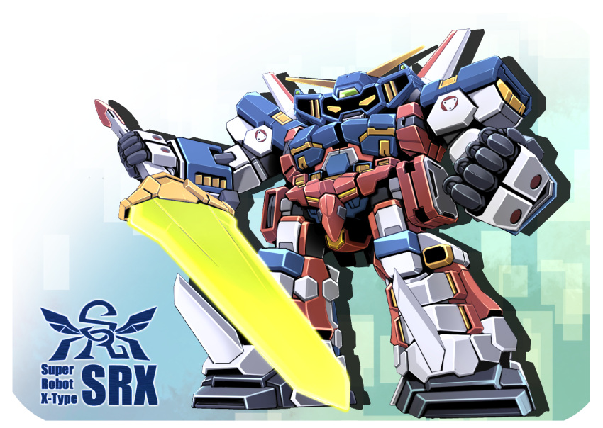 chibi clenched_hands holding holding_sword holding_weapon looking_down mecha no_humans science_fiction sibelurabbi srx super_robot super_robot_wars super_robot_wars_original_generation sword v-fin weapon yellow_eyes