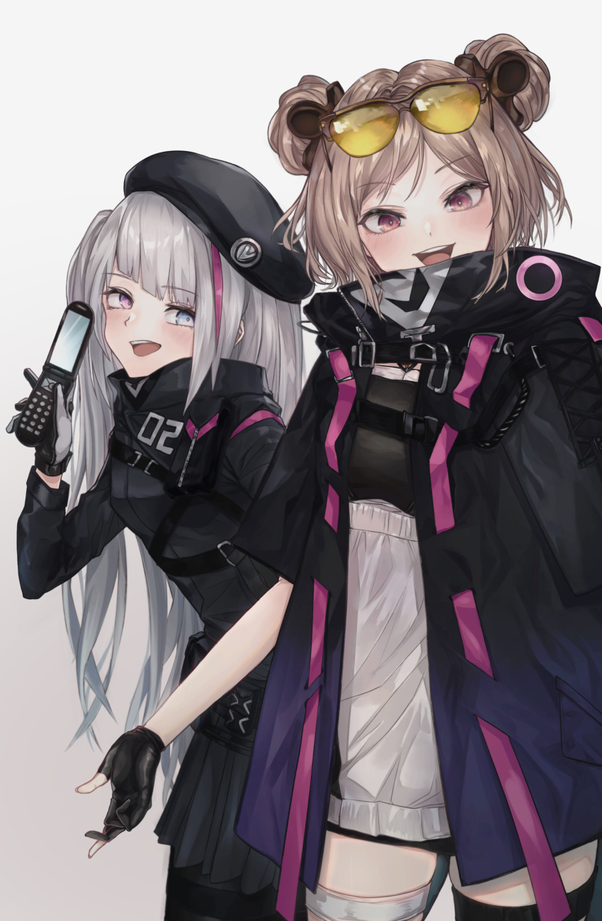 2girls absurdres beret blue_eyes blush borrowed_garments breasts cellphone commission double_bun flip_phone girls_frontline hakua_mill hat heterochromia highlights highres light_brown_hair long_hair looking_at_viewer mdr_(girls_frontline) medium_breasts multicolored_hair multiple_girls p90_(girls_frontline) phone pink_eyes pixiv_request red_eyes short_hair silver_hair smile very_long_hair