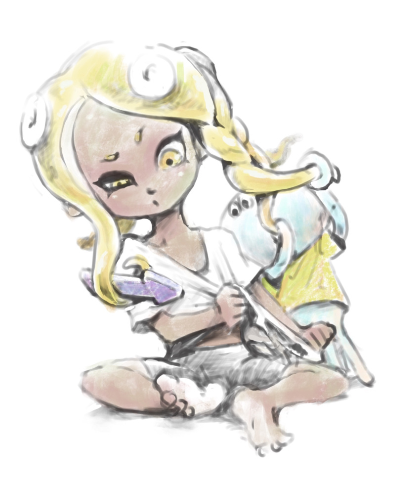 1girl asymmetrical_hair barefoot bike_shorts blonde_hair braid cellphone clothes_pull dark_skin dark_skinned_female feet full_body highres jellyfish_(splatoon) long_hair looking_at_phone makeup mascara octarian octoling phone prehensile_hair pulled_by_self raised_eyebrow shirt shirt_pull short_eyebrows simple_background single_braid sitting smartphone smartphone_case splatoon_(series) splatoon_3 suction_cups t-shirt takuzou tying_hair uneven_eyes white_background white_shirt yellow_eyes