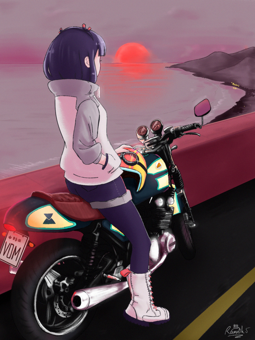 1girl blue_hair boots denim denim_shorts from_behind goggles ground_vehicle helmet high_collar highres jacket jitomi_monoe license_plate looking_away motor_vehicle motorcycle motorcycle_helmet ocean ramnik5 scenery short_hair shorts solo sunset virtual_youtuber voms white_footwear