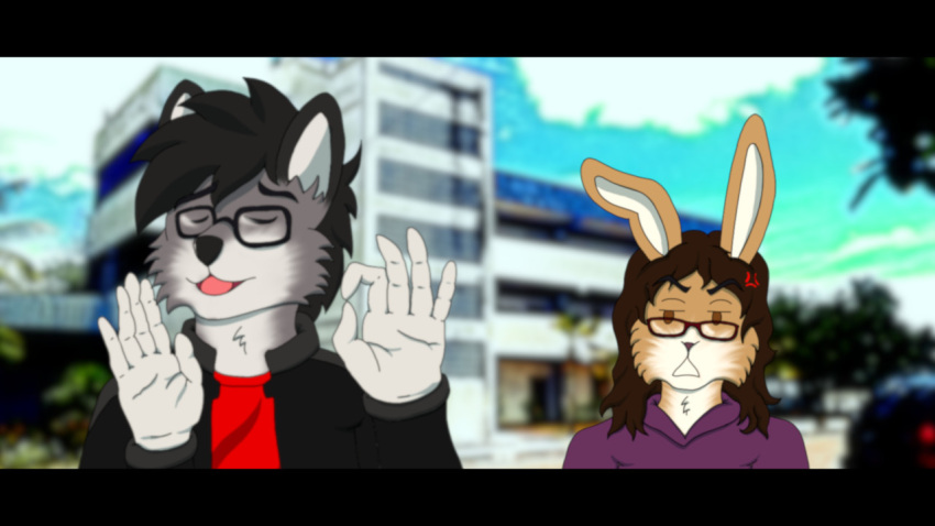 16:9 anthro brown_hair canid canine canis clothing cross-popping_vein duo fake_screenshot fur grey_body grey_fur hair hoodie just_right lagomorph leporid male mammal meme nonbinary_(lore) quantum_lapiz rabbit theo_eder_nyx topwear vein widescreen wolf