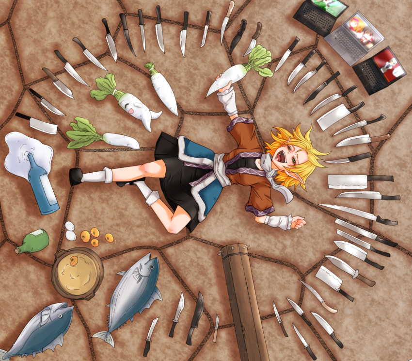 1girl alcohol alice_margatroid arm_cannon arm_warmers bangs black_dress blonde_hair bottle brown_jacket cleaver commentary_request computer control_rod cookie_(touhou) daikon dress fish food fruit full_body green_eyes hakurei_reimu highres hinase_(cookie) holding holding_food izayoi_sakuya jacket joker_(cookie) knife laptop laughing lying mizuhashi_parsee multicolored multicolored_clothes multicolored_jacket nabe on_back on_ground open_mouth orange pointy_ears pot reiuji_utsuho reu_(cookie) reu_daikon sake sake_bottle sash scarf short_hair short_sleeves solo spill suicide_squad too_many too_many_knives touhou tuna weapon white_sash white_scarf yan_pai
