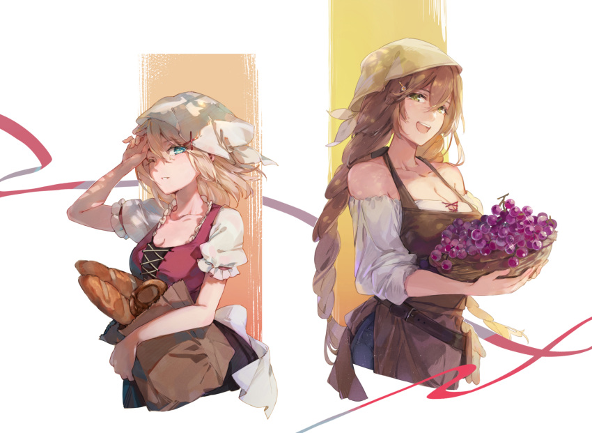 2girls arm_up bangs bare_shoulders blonde_hair blue_eyes bread breasts brown_hair cleavage collarbone food fruit g36_(girls_frontline) girls_frontline grapes green_eyes hair_between_eyes hair_ornament hairclip highres long_hair looking_at_viewer m1903_springfield_(girls_frontline) multiple_girls one_eye_closed open_mouth parted_lips short_hair short_sleeves shuzi smile white_background