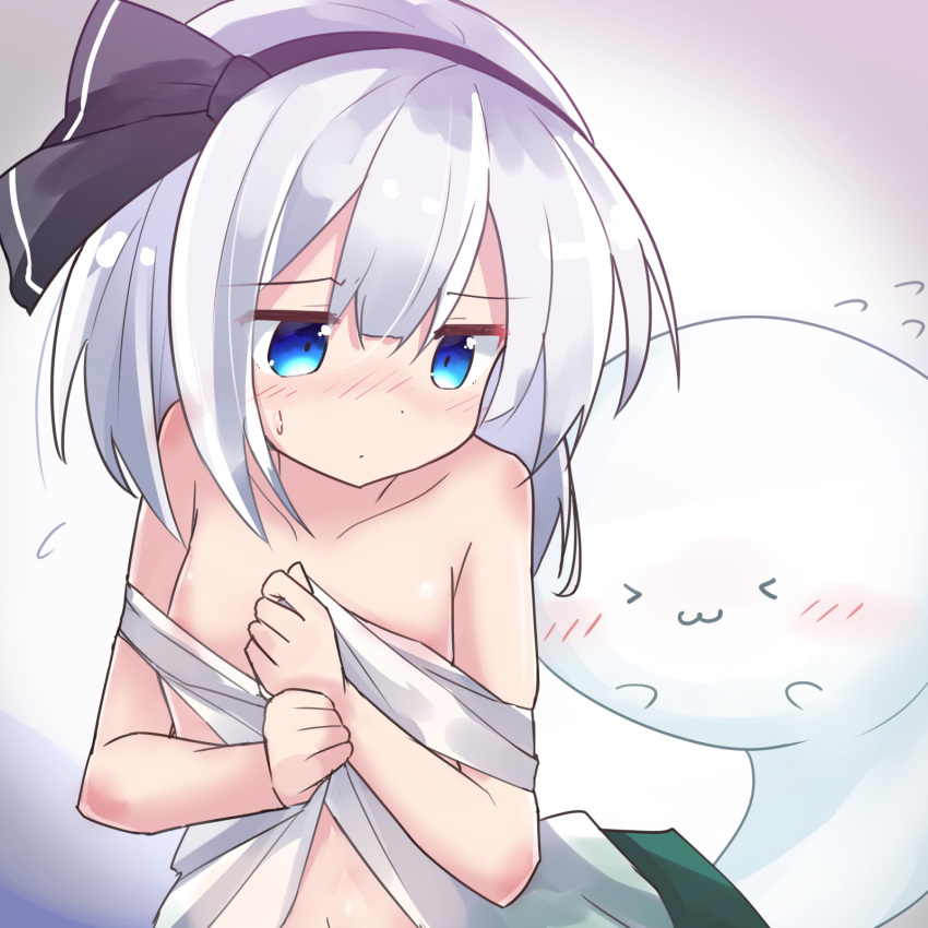 &gt;_&lt; 1girl :3 bangs bare_shoulders black_hairband black_ribbon blue_eyes blush breasts closed_eyes closed_mouth collarbone commentary_request eyebrows_visible_through_hair flying_sweatdrops green_skirt hair_between_eyes hair_ribbon hairband highres konpaku_youmu konpaku_youmu_(ghost) long_hair navel nose_blush off_shoulder ribbon ryogo shirt silver_hair skirt sleeveless sleeveless_shirt small_breasts solo sweat touhou white_shirt