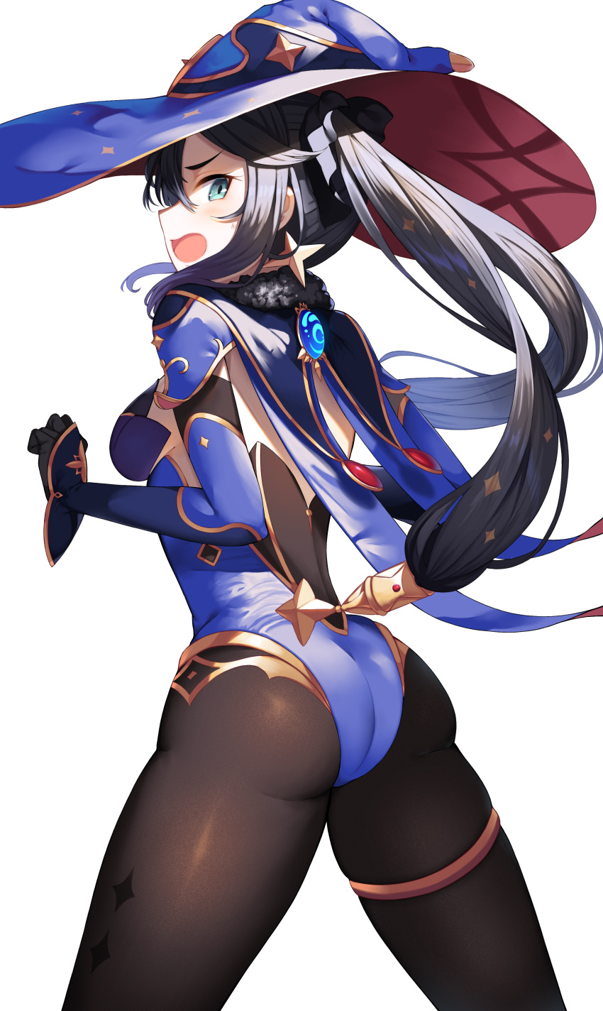 1girl absurdres ass black_gloves black_hair blue_eyes blue_headwear blue_leotard breasts brown_legwear cape cowboy_shot detached_sleeves floating_hair from_behind genshin_impact gloves gold_trim hat highres leotard long_hair long_sleeves looking_at_viewer looking_back mona_(genshin_impact) open_mouth pantyhose profile simple_background small_breasts solo standing thighlet twintails white_background witch_hat yamato_(muchuu_paradigm)