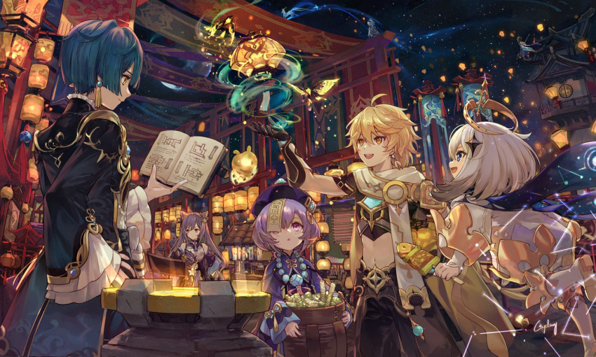 3boys 4girls aether_(genshin_impact) ahoge architecture artist_name banner bead_necklace beads black_gloves black_pants blue_eyes blue_hair blue_jacket blue_scarf blush book boots closed_mouth commentary cowboy_shot csyday double_bun dress earrings east_asian_architecture english_commentary fish floating floating_object food frilled_sleeves frills ganyu_(genshin_impact) genshin_impact gloves glowing goat_horns grey_hair grilled_fish hair_between_eyes halo hand_on_hip hat holding holding_food holding_spear holding_weapon horns jacket jewelry jiangshi kebab keqing_(genshin_impact) lantern light_blue_hair long_hair looking_up magic midriff moon moon_carver multicolored_hair multiple_boys multiple_girls navel necklace night night_sky ofuda open_mouth outdoors outstretched_hand paimon_(genshin_impact) pants polearm purple_dress purple_hair purple_headwear purple_robe qing_guanmao qiqi_(genshin_impact) reading scarf scroll short_hair signature silver_hair sitting sky smile spear standing star_(sky) starry_sky tassel tassel_earrings triangle_mouth twintails two-tone_hair weapon white_footwear white_scarf wide_sleeves xiao_(genshin_impact) xingqiu_(genshin_impact) yellow_eyes
