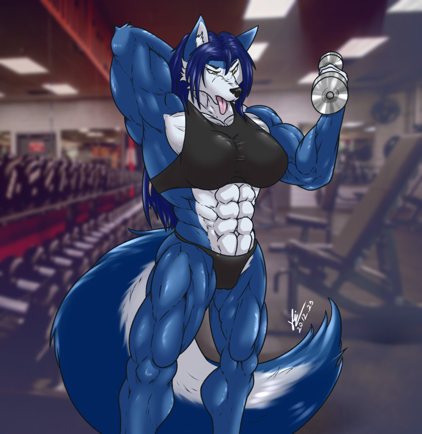 2020 abs anthro biceps big_breasts black_bra black_clothing black_nose black_panties black_underwear blue_body blue_fur blue_hair bra breasts canid canine canis clothed clothing countershade_face countershade_torso countershading digital_media_(artwork) elun exercise female fur gym hair hand_behind_head hi_res hopey long_hair mammal midriff multicolored_body multicolored_fur muscular muscular_anthro muscular_female navel open_mouth panties signature solo sports_bra sports_panties standing tongue tongue_out two_tone_body two_tone_fur underwear weightlifting weights white_body white_fur wolf workout yellow_eyes