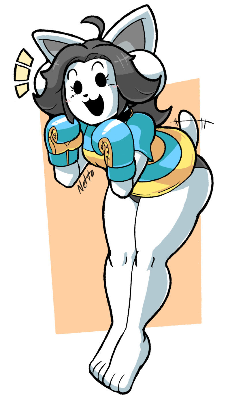 anthro canid canine clothed clothing felid feline female hair hi_res mammal netto-painter open_mouth simple_background tem temmie_(undertale) undertale video_games white_body