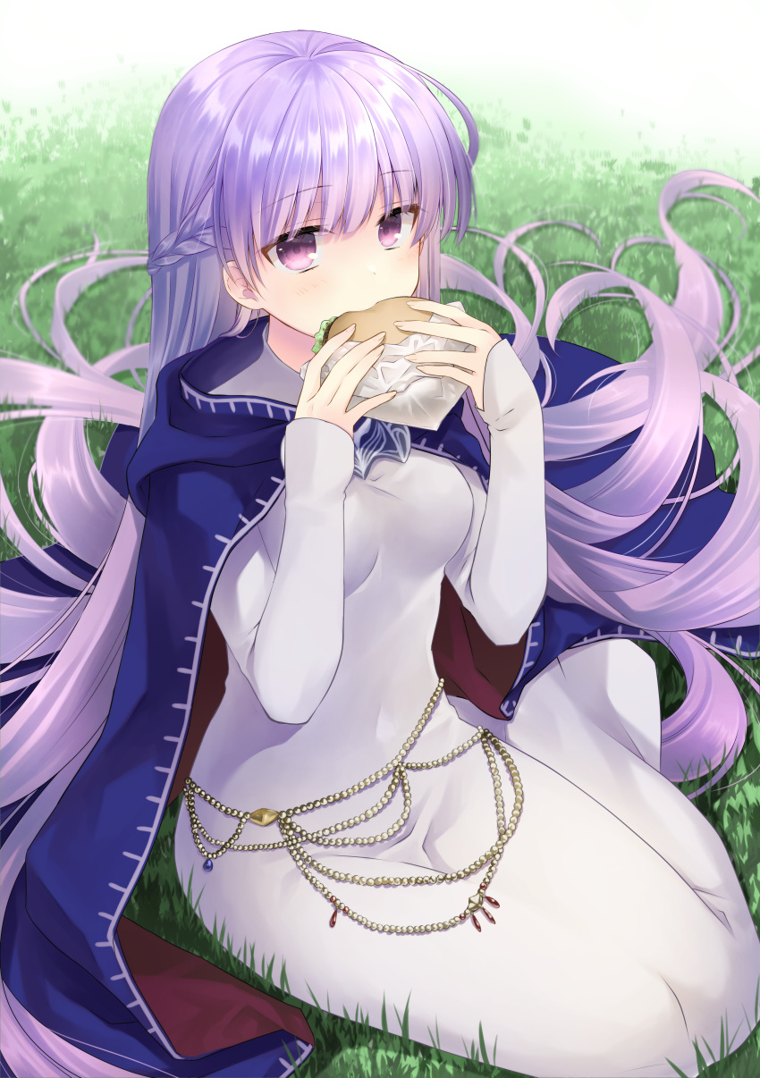 1girl absurdly_long_hair absurdres belly_chain blue_cape blue_dress braid breasts cape commission commissioner_upload dated dress eating expressionless eyebrows_visible_through_hair fire_emblem fire_emblem:_the_binding_blade food french_braid fujiwara_minaho grass hamburger highres huge_filesize jewelry long_hair medium_breasts navel purple_eyes purple_hair sitting solo sophia_(fire_emblem) very_long_hair