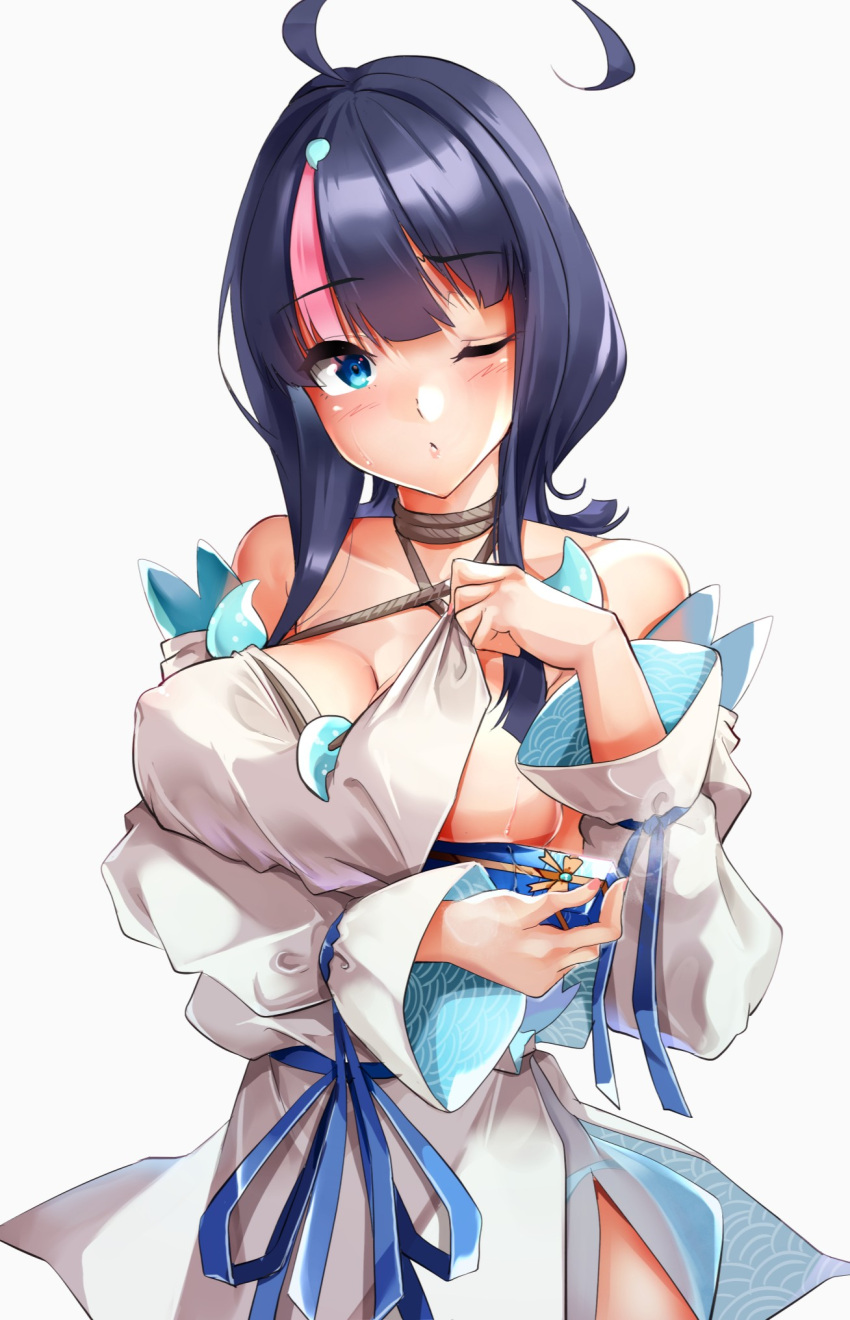 1girl ahoge bangs bare_shoulders black_hair blue_eyes blue_ribbon blush breasts collarbone dress fate/grand_order fate/requiem fate_(series) highres jewelry large_breasts long_sleeves looking_at_viewer magatama magatama_hair_ornament magatama_necklace medium_hair multicolored_hair necklace one_eye_closed pelvic_curtain pink_hair puffy_long_sleeves puffy_sleeves ribbon sezoku short_dress sideboob sideless_outfit streaked_hair thighs utsumi_erise white_dress