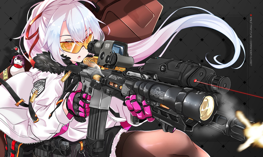 1girl assault_rifle black_legwear bow cutoffs fatkewell firing girls_frontline gloves grey_background gun holding holding_gun holding_weapon jacket laser_sight long_hair motion_blur muzzle_flash open_clothes open_jacket pantyhose pink_gloves red_bow red_eyes rifle safety_glasses solo weapon white_hair