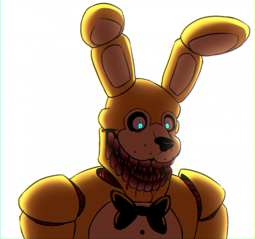2021 ambiguous_gender animatronic anthro big_ears big_mouth_(anatomy) big_teeth black_nose blood blood_in_mouth blood_on_face blood_on_mouth blood_on_teeth blood_stain blood_stains blue_eyes bodily_fluids bow_tie buckteeth dilated_pupils drooling five_nights_at_freddy's five_nights_at_freddy's:_fazbear_frights glowing glowing_eyes into_the_pit lagomorph leporid long_ears looking_down ludwigthestrange machine mammal multicolored_body multicolored_ears portrait rabbit robot saliva sharp_teeth simple_background smile solo spring_bonnie_(fnaf) standing teeth video_games white_background white_body white_ears yellow_body yellow_ears