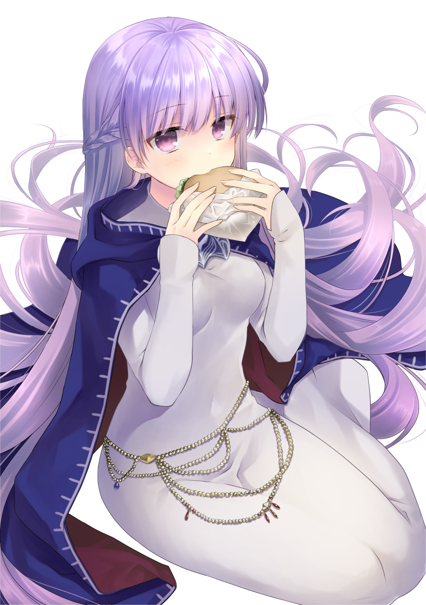 1girl absurdly_long_hair absurdres belly_chain blue_cape blue_dress braid breasts cape commission commissioner_upload dated dress eating expressionless eyebrows_visible_through_hair fire_emblem fire_emblem:_the_binding_blade food french_braid fujiwara_minaho hamburger highres jewelry long_hair medium_breasts navel purple_eyes purple_hair sitting solo sophia_(fire_emblem) very_long_hair