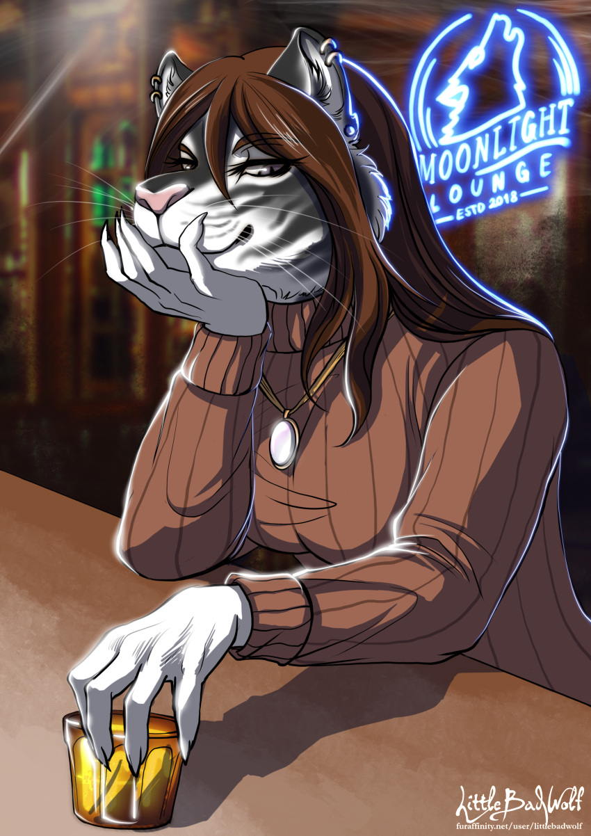 absurd_res alcohol anthro avora_kuma bar beverage clothing darkflamewolf ear_piercing felid female glass hi_res littlebadwolf lounge mammal pantherine pendant piercing smile solo sweater tiger topwear