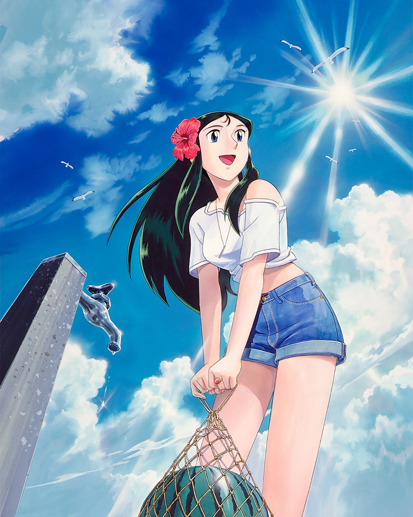 90s bird day denim denim_shorts faucet flower food fruit giant_robo ginrei_(giant_robo) green_hair hair_flower hair_ornament highres holding jewelry kubooka_toshiyuki long_hair midriff necklace off_shoulder official_art open_mouth outdoors ring seagull shorts solo sun v_arms watermelon