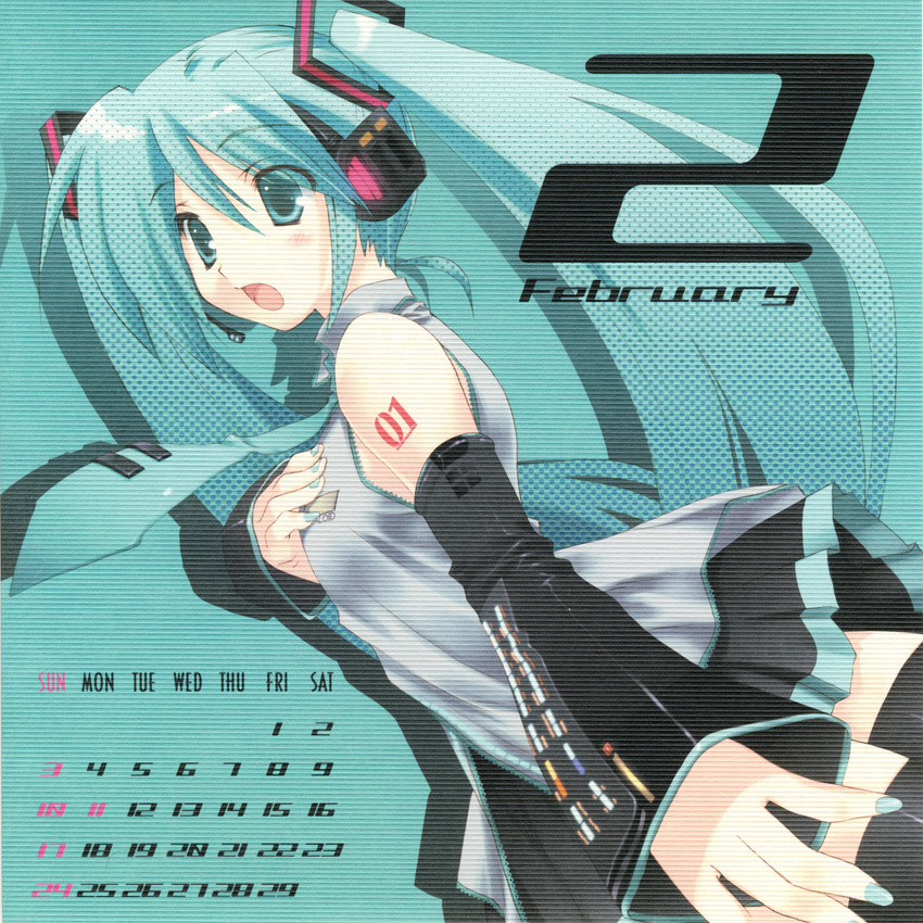 2008 aqua_hair calendar_(medium) february green_eyes hatsune_miku highres long_hair microphone mitsumi_misato necktie skirt solo thighhighs twintails vocaloid