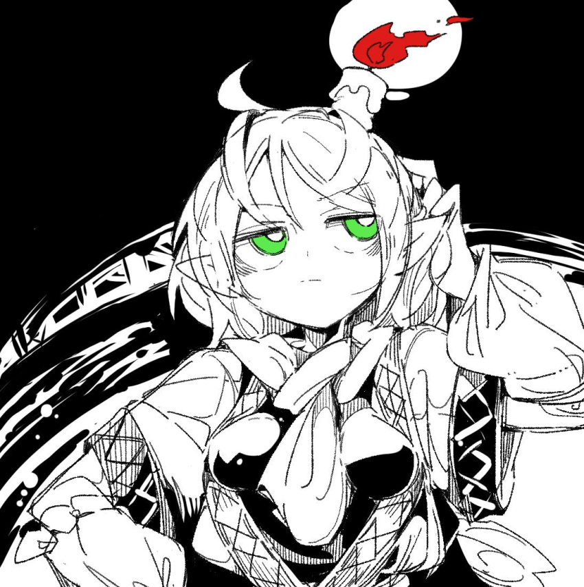 1girl ahoge black_background breasts bright_pupils candle fire flame hand_up hashihime jitome long_sleeves ma_sakasama medium_breasts mizuhashi_parsee pointy_ears short_hair solo touhou upper_body white_pupils