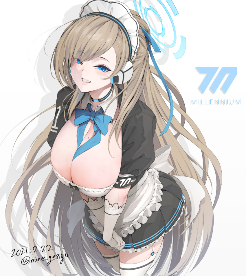 1girl apron asuna_(blue_archive) bangs black_dress blue_archive blue_neckwear blush bow bowtie breasts choker cleavage dress elbow_gloves garter_straps gloves grin halo hands_together headphones highres large_breasts light_brown_hair long_hair long_sleeves maid_headdress mine_(wizard) mole mole_on_breast neck_ribbon ribbon short_sleeves smile thighhighs thighs white_apron white_gloves white_legwear