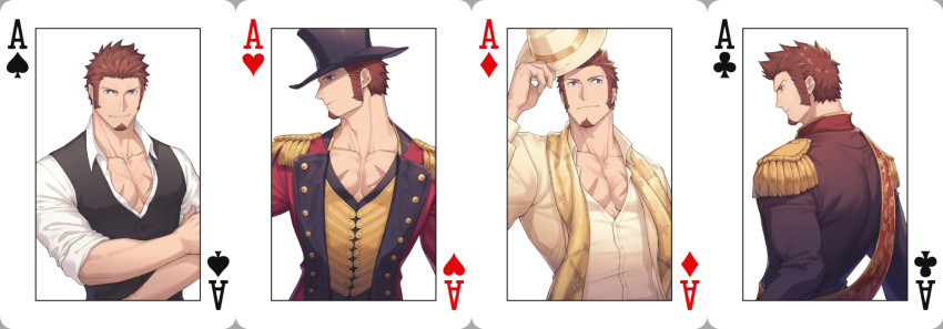 1boy 47 ace_of_clubs ace_of_diamonds ace_of_hearts ace_of_spades alternate_costume back bara beige_jacket beige_shirt black_vest blue_eyes brown_hair epaulettes facial_hair fate/grand_order fate_(series) from_side frown goatee hat hat_removed headwear_removed highres ladies_&amp;_gentlemen_(fate/grand_order) long_sideburns looking_at_another looking_to_the_side male_cleavage male_focus mature_male military military_uniform muscular muscular_male napoleon_bonaparte_(fate) official_alternate_costume partially_unbuttoned pectorals poker sash scar scar_on_chest scarf shirt short_hair sideburns smile top_hat uniform upper_body vest welcome_to_the_travelling_circus! white_shirt yellow_scarf