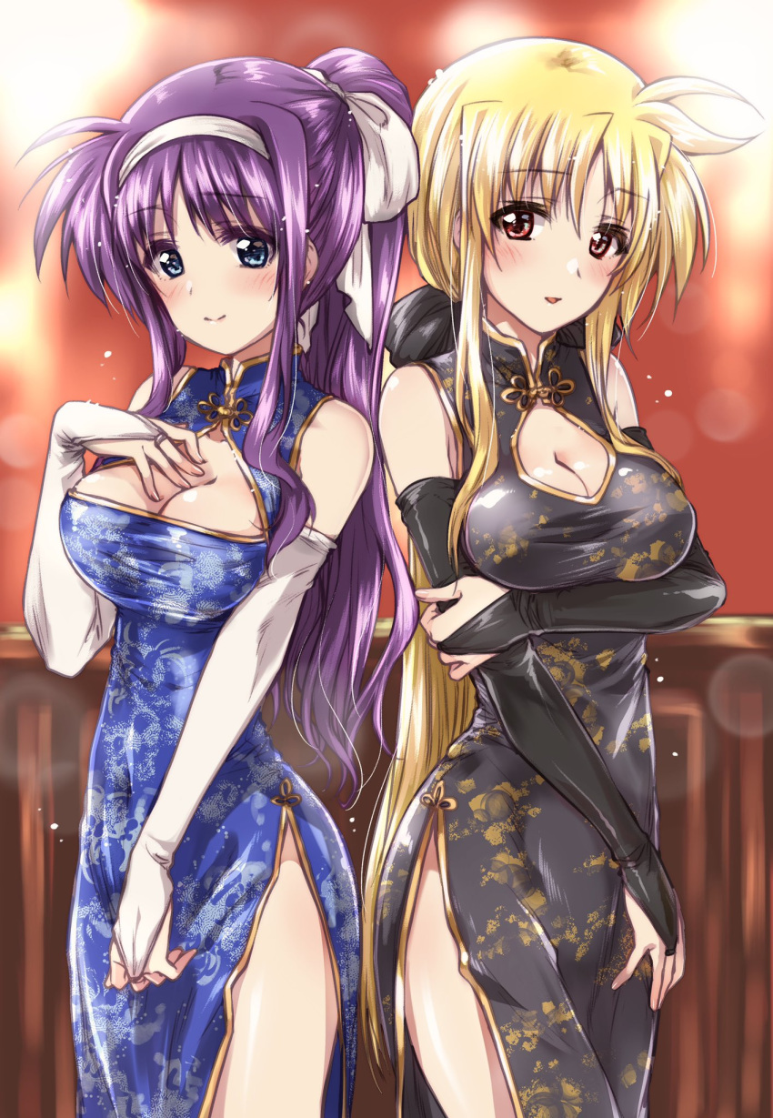 2girls arm_grab bangs black_bow black_dress black_gloves blonde_hair blue_dress blue_eyes blurry blush bokeh bow breasts bridal_gauntlets china_dress chinese_clothes cleavage cleavage_cutout closed_mouth clothing_cutout commentary_request covered_navel depth_of_field dress eyebrows_visible_through_hair fate_testarossa gloves hair_bow hair_ribbon hairband hand_on_own_chest high_collar highres indoors kuroi_mimei large_breasts long_hair looking_at_viewer lyrical_nanoha mahou_shoujo_lyrical_nanoha_strikers medium_breasts multiple_girls parted_lips print_dress purple_hair red_eyes ribbon side-by-side side_slit sidelocks sleeveless sleeveless_dress smile standing tsukimura_suzuka very_long_hair white_gloves white_hairband white_ribbon