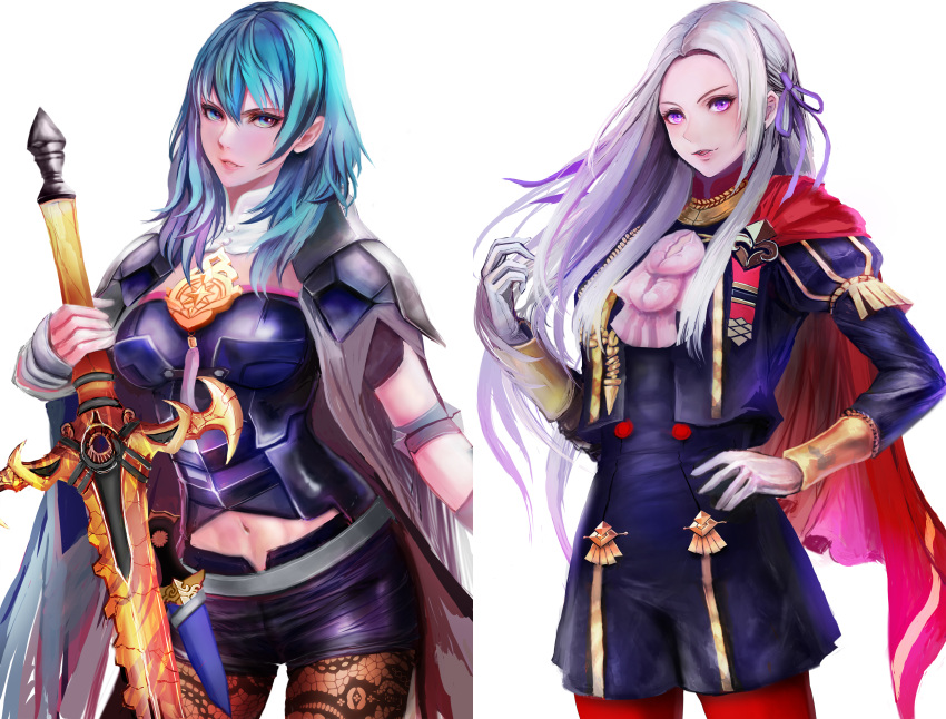2girls absurdres aqua_hair bangs black_jacket black_shorts blue_eyes breasts brown_legwear byleth_(fire_emblem) byleth_(fire_emblem)_(female) cape commentary_request cowboy_shot edelgard_von_hresvelg fire_emblem fire_emblem:_three_houses forehead garreg_mach_monastery_uniform gloves hair_ribbon hand_up highres holding holding_sword holding_weapon jack_(kairuhaido) jacket long_hair long_sleeves looking_at_viewer medium_breasts multiple_girls navel pantyhose parted_lips partial_commentary purple_ribbon red_cape ribbon short_shorts shorts standing sword sword_of_the_creator weapon white_gloves