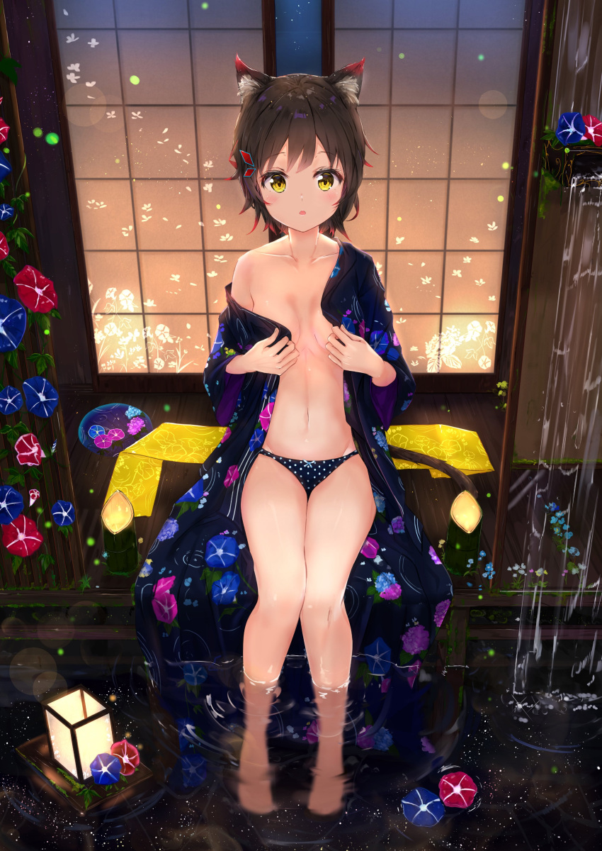 1girl absurdres animal_ears bangs bare_shoulders barefoot bathing black_hair blush breasts cat_ears cat_tail collarbone colored_tips fan floating floating_lights floating_object floral_print flower foot_bath hair_ornament highres japanese_clothes kimono looking_at_viewer na_kyo navel night no_bra obi off_shoulder open_clothes open_mouth original panties ripples sash short_hair sky solo standing star_(sky) starry_sky tail underwear water waterfall wet yellow_eyes yellow_sash