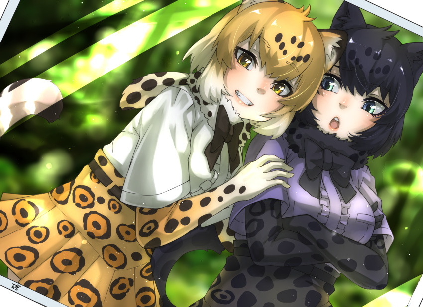 2girls :o animal_ear_fluff animal_ears arms_under_breasts bangs black_bow black_hair black_jaguar_(kemono_friends) black_neckwear blonde_hair blue_eyes blurry blurry_background bow bowtie center_frills commentary crossed_arms dutch_angle elbow_gloves eyebrows_visible_through_hair fangs frills fur_collar gloves gradient_hair grey_shirt grin high-waist_skirt highres jaguar_(kemono_friends) jaguar_ears jaguar_print jaguar_tail kemono_friends looking_at_another looking_at_viewer multicolored_hair multiple_girls photo_(medium) pleated_skirt print_gloves print_skirt shirt short_hair short_sleeves skirt smile tail teeth thin_(suzuneya) white_hair white_shirt yellow_eyes