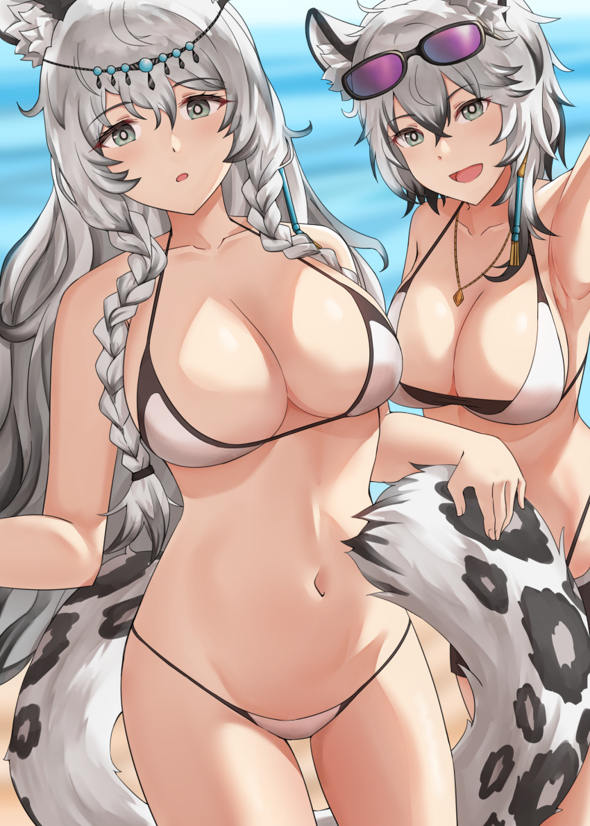2girls :d animal_ear_fluff animal_ears arknights armpits bangs bare_shoulders bikini braid breasts cliffheart_(arknights) commentary cowboy_shot eyebrows_visible_through_hair eyewear_on_head grey_eyes hair_between_eyes head_chain highres jewelry large_breasts leopard_ears leopard_tail long_hair looking_at_viewer multiple_girls navel necklace open_mouth parted_lips pramanix_(arknights) short_hair siblings silver_hair sisters smile springveiv standing stomach sunglasses swimsuit tail thighs twin_braids very_long_hair white_bikini