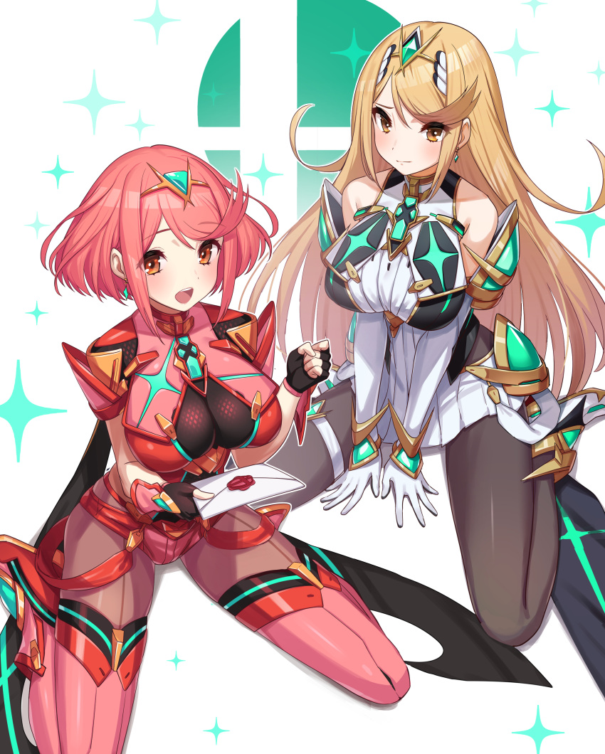 2girls absurdres bangs black_gloves black_legwear blonde_hair blush breasts chest_jewel dress earrings elbow_gloves fingerless_gloves gem gloves green322 headpiece highres jewelry large_breasts long_hair looking_at_viewer multiple_girls mythra_(xenoblade) open_mouth pantyhose pyra_(xenoblade) red_eyes red_hair red_legwear red_shorts short_hair short_shorts shorts smash_invitation super_smash_bros. swept_bangs thigh_strap thighhighs tiara very_long_hair white_dress white_gloves xenoblade_chronicles_(series) xenoblade_chronicles_2 yellow_eyes