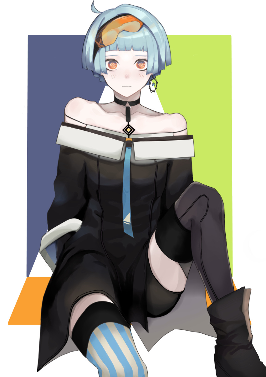 1girl absurdres alternate_costume arms_behind_back bare_shoulders black_legwear blue_hair blush boots breasts closed_mouth collarbone eyewear_on_head girls_frontline highres jewelry knee_up looking_at_viewer orange_eyes saiun_sigma short_hair simple_background single_earring sitting sitting_on_floor small_breasts solo striped striped_legwear thighhighs zas_m21_(girls_frontline)