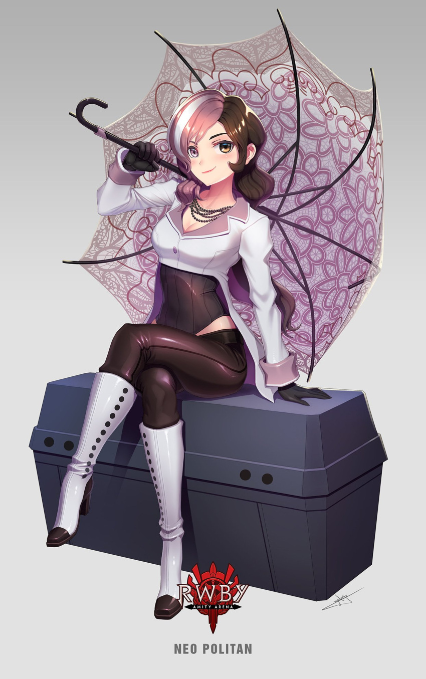 1girl bangs black_gloves black_pants blush boots breasts brown_eyes brown_hair character_name cleavage copyright_name crossed_legs full_body gloves heterochromia highres holding holding_umbrella knee_boots long_sleeves looking_at_viewer medium_breasts multicolored_hair neo_politan pants parted_bangs pink_eyes pink_hair rwby shiny shiny_hair silver_hair sitting smile smug solo umbrella uyalago white_footwear