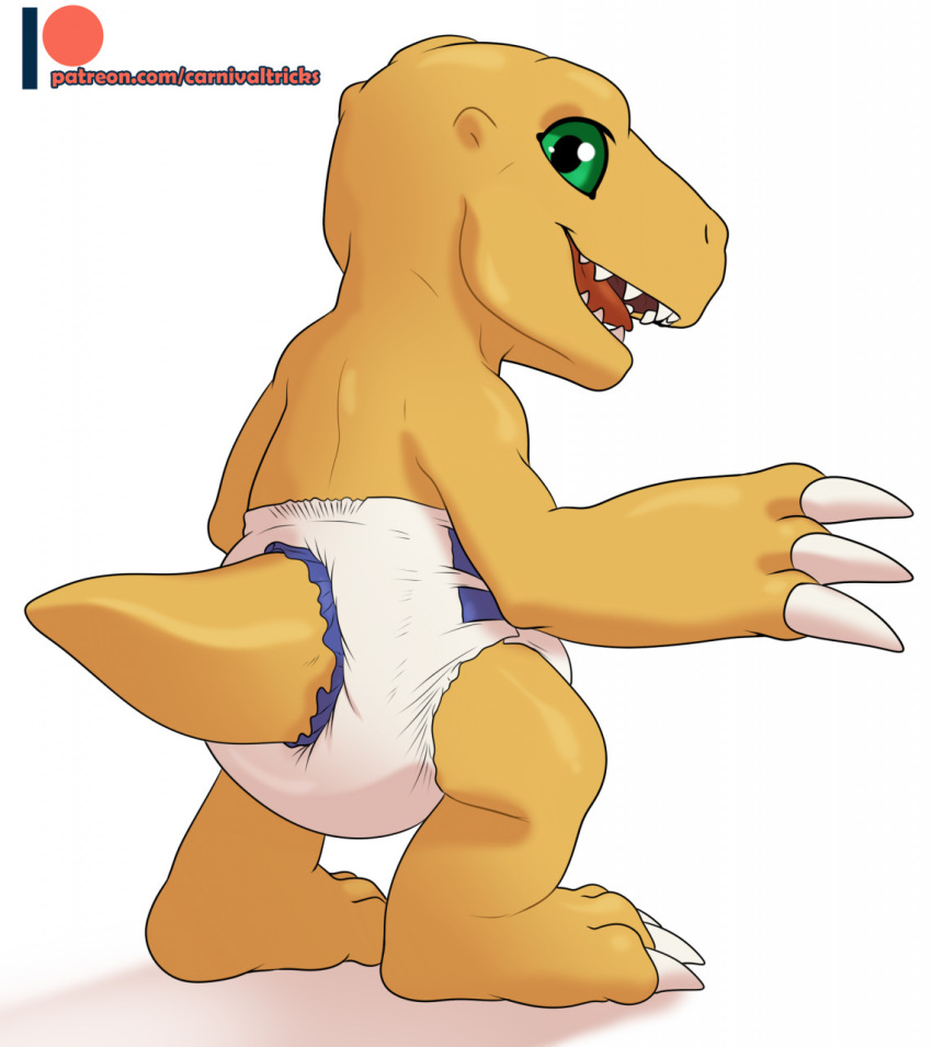 agumon ambiguous_gender carnival-tricks claws diaper digimon digimon_(species) feral hi_res looking_at_viewer looking_back open_mouth patreon patreon_logo raised_hand smile solo standing teeth tongue watermark