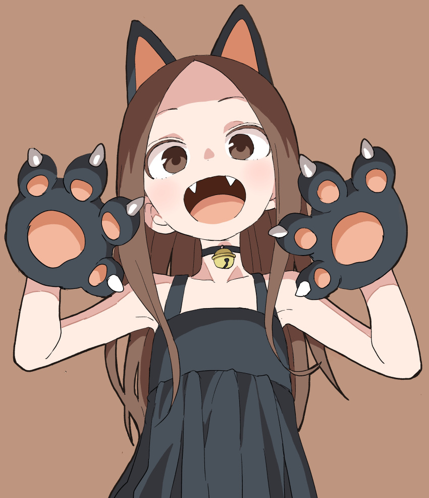 1girl :d absurdres bell bell_choker black_choker black_dress brown_background brown_eyes brown_hair choker commentary_request dress fangs gloves hands_up highres jingle_bell karakai_jouzu_no_takagi-san long_hair looking_at_viewer official_art open_mouth paw_gloves paws simple_background sleeveless sleeveless_dress smile solo takagi-san yamamoto_souichirou